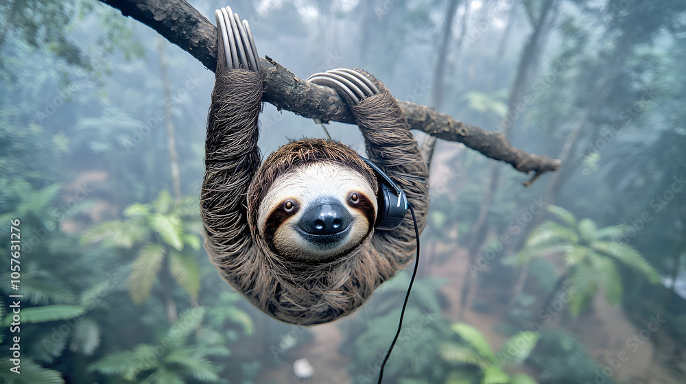 Tele-Sloth: A sloth hangs upside down from a tree branch, headset dangling from one ear. Its slow movements belie its efficient call center skills. The jungle background is lush and misty. Tele-Sloth: A sloth hangs upside down from a tree branch, headset dangling from one ear. Its slow movements belie its efficient call center skills. The jungle background is lush and misty.