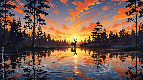 Serengeti Sunset: Majestic Reflections anime wallpaper background, print, merch,