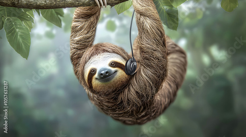 Tele-Sloth: A sloth hangs upside down from a tree branch, headset dangling from one ear. Its slow movements belie its efficient call center skills. The jungle background is lush and misty. 