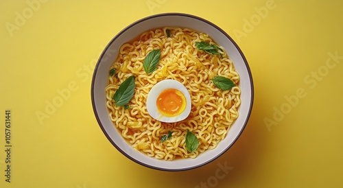 A bowl of ramen with soft boiled egg and fresh basil on a vibrant yellow back...