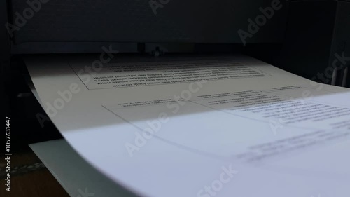 Printing document paper with laser printer close up. Laser printer at work in office or home.