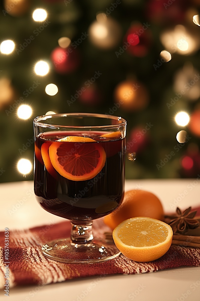 Glass of warm mulled red wine with orange slices and spices sits on a festive cloth in front of a decorated and illuminated christmas tree, evoking the cozy atmosphere of the holiday season Glass of warm mulled red wine with orange slices and spices sits on a festive cloth in front of a decorated and illuminated christmas tree, evoking the cozy atmosphere of the holiday season