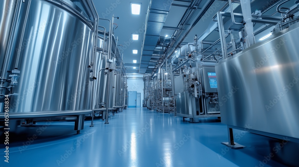 Obraz premium Shiny steel tanks and pipes are producing medicine inside a sterile pharmaceutical factory using advanced industrial technology