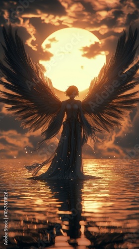 Majestic figure with wings stands in water at sunset, creating a serene and m...
