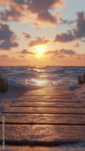 Sunset over the ocean with a wooden path leading to the beach surrounded by g...