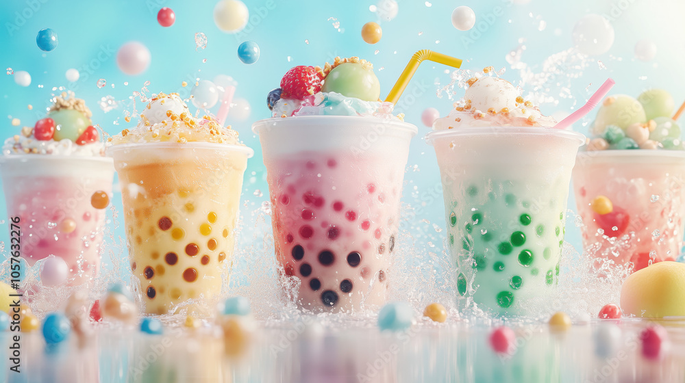 Colorful holiday theme Bubble boba Tea in different flavors and plastic glasses with fruit toppings and festive xmas decors, brown sugar, matcha, green tea, purple taro, oolong, strawberry milk tea Colorful holiday theme Bubble boba Tea in different flavors and plastic glasses with fruit toppings and festive xmas decors, brown sugar, matcha, green tea, purple taro, oolong, strawberry milk tea