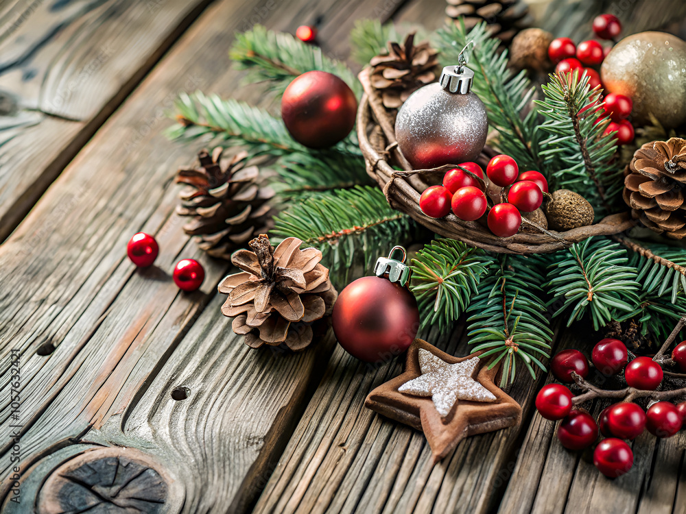 Merry Christmas, background decoration with copy space on a rustic wooden floor Merry Christmas, background decoration with copy space on a rustic wooden floor