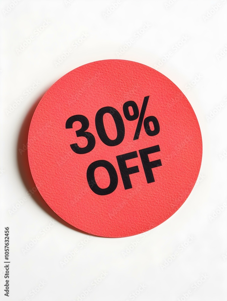Black '30% OFF' Text on a Dark Red Round Paper Note. White Background Black '30% OFF' Text on a Dark Red Round Paper Note. White Background