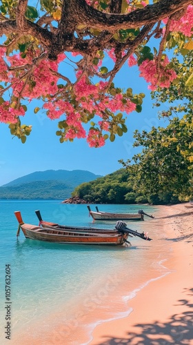 A traditional boat rests on a serene beach surrounded by blooming flowers and...