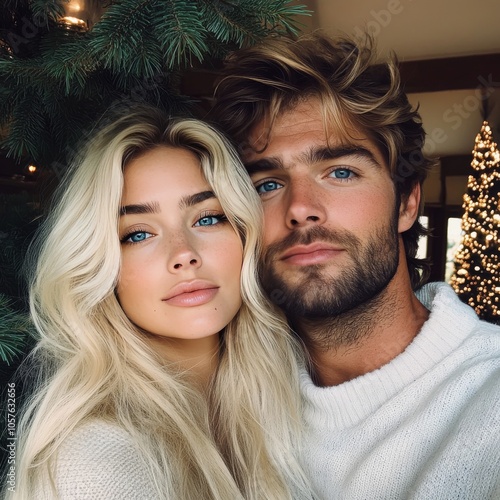 A couple poses together in elegant attire near a beautifully decorated Christ...