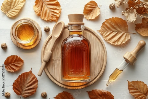 Elegant glass bottle of natural essence placed on a wooden coaster surrounded...