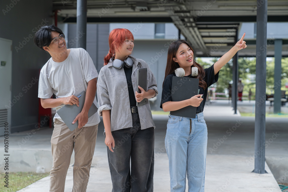 Obraz premium Three young asian students standing together outdoors on a university campus, holding tablets and clipboards, discussing a project, with one woman pointing towards something in the distance