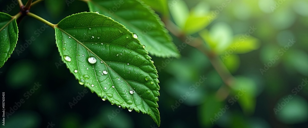 A leaf with water droplets on it. The leaf is green and the water droplets are clear A leaf with water droplets on it. The leaf is green and the water droplets are clear