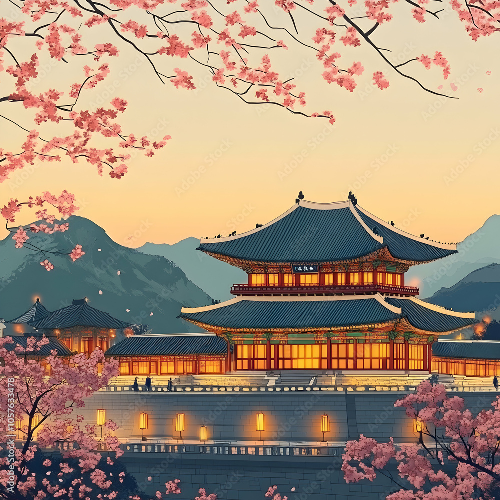 Fototapeta premium Traditional Ink-Style Rendering of Gyeongbokgung Palace in South Korea, Capturing Architectural Elegance and Cultural Heritage