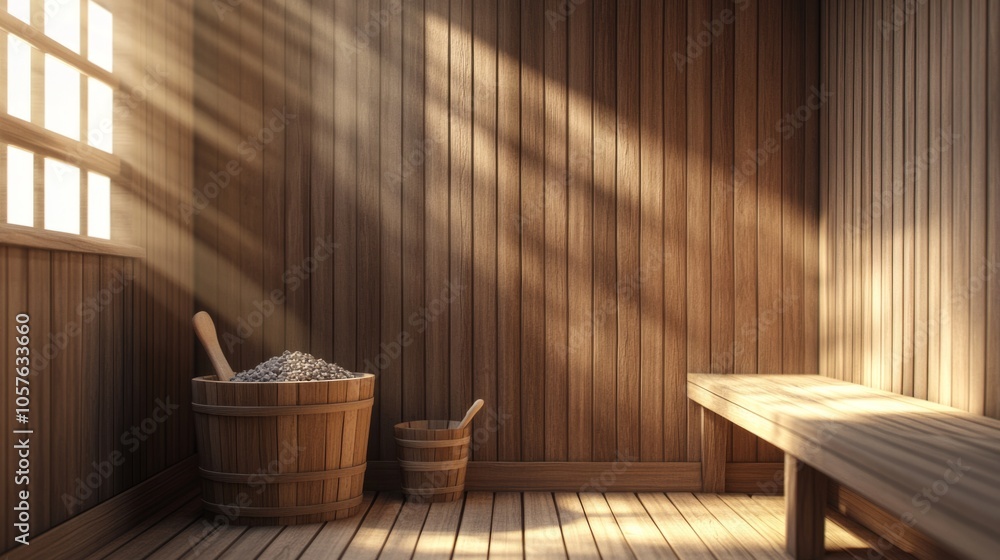A wooden room with a bench and a bucket A wooden room with a bench and a bucket