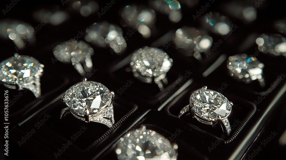 close-up of different diamond wedding rings on luxury ring box packages inside glass jewelry display console table at a high-end jewelry shop close-up of different diamond wedding rings on luxury ring box packages inside glass jewelry display console table at a high-end jewelry shop