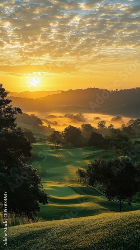 Morning sunrise over a tranquil golf course surrounded by mist and lush greenery