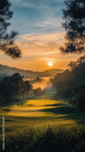Morning sunrise over a tranquil golf course surrounded by mist and lush greenery