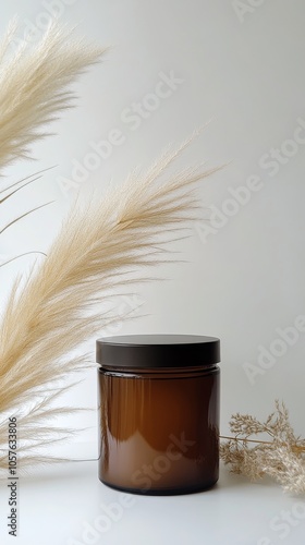 Elegant amber jar surrounded by light pampas grass on a neutral background