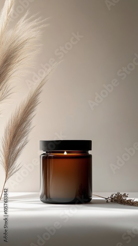 Elegant amber jar surrounded by light pampas grass on a neutral background