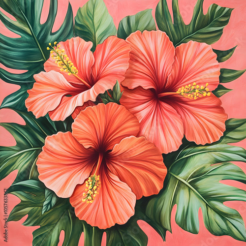 Tropical Decorative Pillow Featuring Vibrant Hibiscus Flowers and Lush Green Leaves on a Soft Background