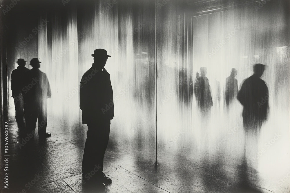 Mysterious silhouettes of men in hats amidst a foggy urban setting Mysterious silhouettes of men in hats amidst a foggy urban setting