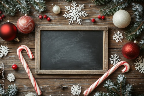 Festive arrangement with candy canes, ornaments, and pine branches for holida...