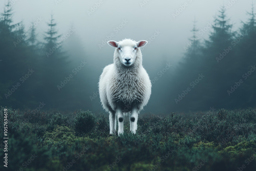 Solitary sheep in misty forest landscape: tranquility and nature Solitary sheep in misty forest landscape: tranquility and nature