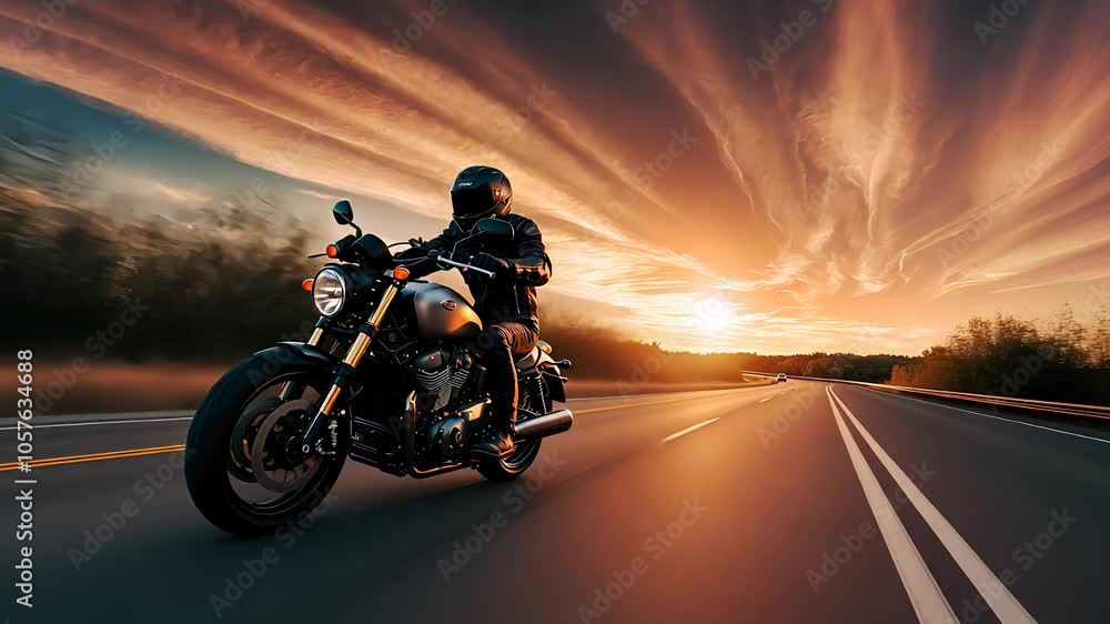 Motorcyclist Riding on Open Road with Dramatic Sunset Sky
Motorcyclist Riding on Open Road with Dramatic Sunset Sky