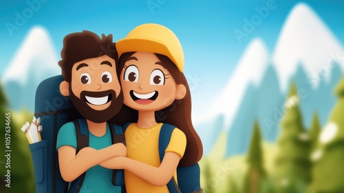 A happy animated couple with backpacks pose together in front of a scenic mountain landscape, capturing adventure, companionship, and the joy of travel.