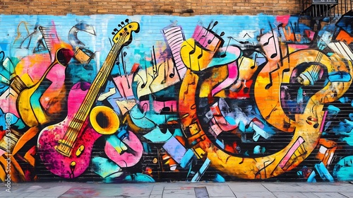 A vibrant wall of music-themed graffiti energizes the cityscape, admired by trendy onlookers. photo