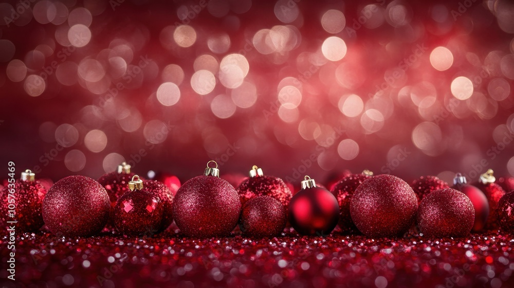 Collection of red Christmas ornaments with a glittery texture, arranged on a sparkling red surface with a bokeh background of red lights Collection of red Christmas ornaments with a glittery texture, arranged on a sparkling red surface with a bokeh background of red lights