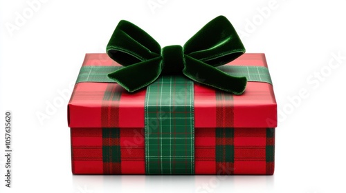 Neatly wrapped gift box with red and green plaid wrapping paper and a large green velvet bow on top