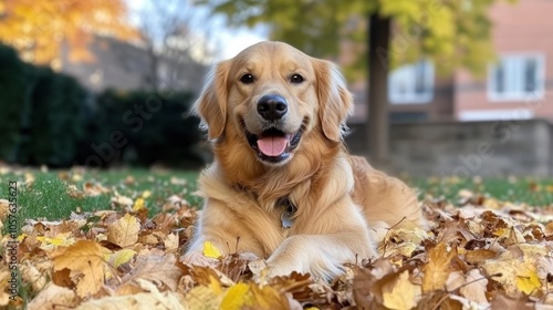 Golden retriever lying on the ground covered with autumn leaves in a park with trees and buildings in the background