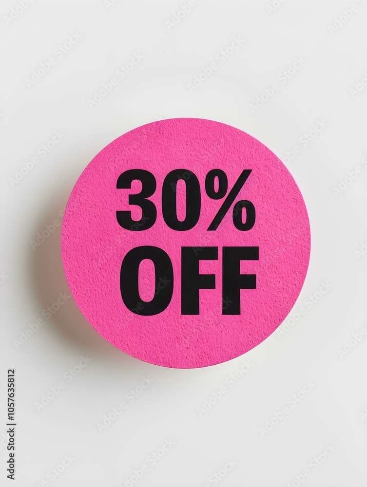 Black '30% OFF' Text on a Fuchsia Round Paper Note. White Background Black '30% OFF' Text on a Fuchsia Round Paper Note. White Background
