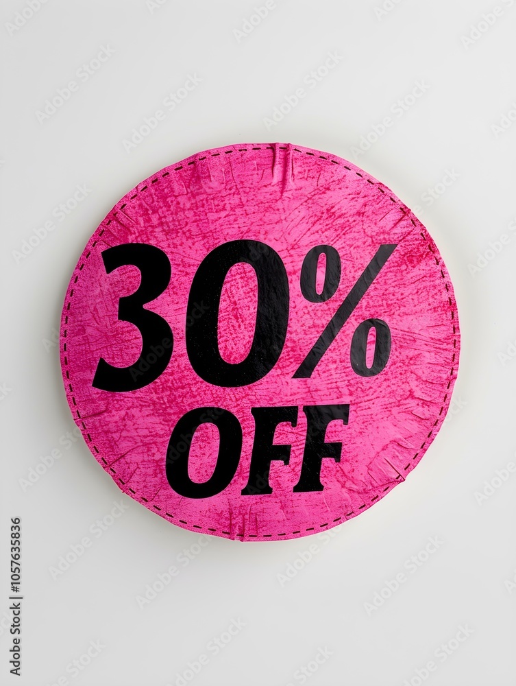 Black '30% OFF' Text on a Fuchsia Round Paper Note. White Background Black '30% OFF' Text on a Fuchsia Round Paper Note. White Background