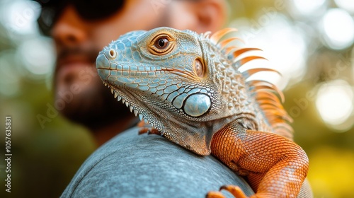 Colorful iguana on shoulder in natural light, close-up of pet reptile with intricate skin texture, exotic animal, outdoors, nature, wildlife, lizard, scaly photo