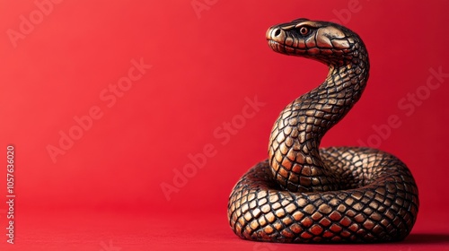 A bronze sculpture of a coiled snake on a vibrant red background