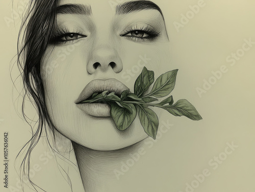 Artistic portrait of a woman with a leaf in her mouth: nature and expression