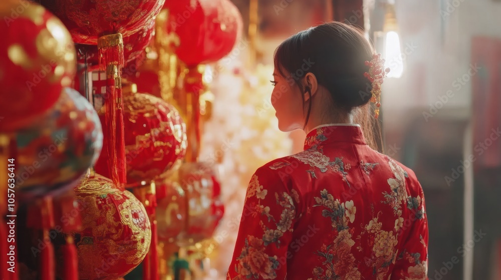 Woman in a red dress admiring decorative lanterns during a festival Woman in a red dress admiring decorative lanterns during a festival
