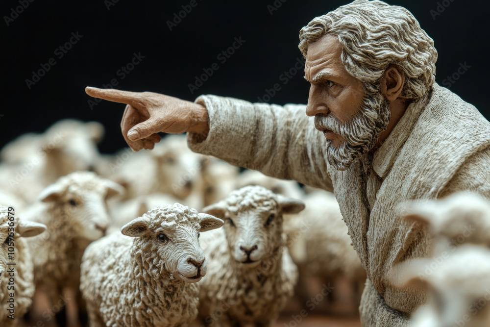 Shepherd guiding flock of sheep in rustic scene Shepherd guiding flock of sheep in rustic scene