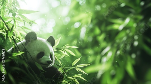 Gentle panda sitting in a bamboo forest, munching on bamboo, soft light filtering through the leaves