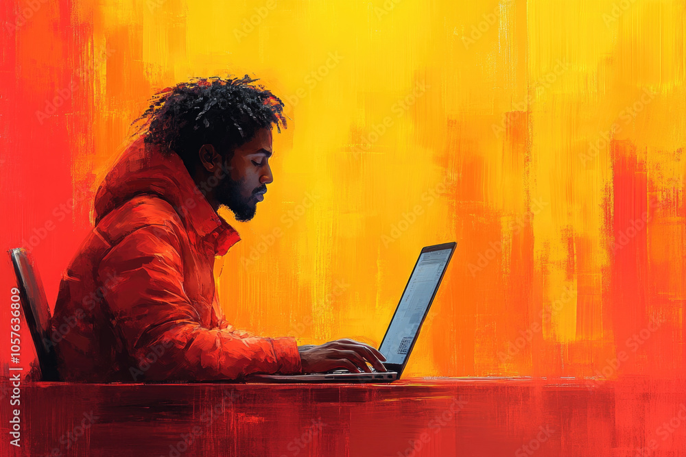Focused man in vibrant jacket working on laptop against bold background Focused man in vibrant jacket working on laptop against bold background