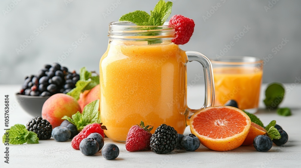 Fresh Fruit Smoothies on Kitchen Island Fresh Fruit Smoothies on Kitchen Island