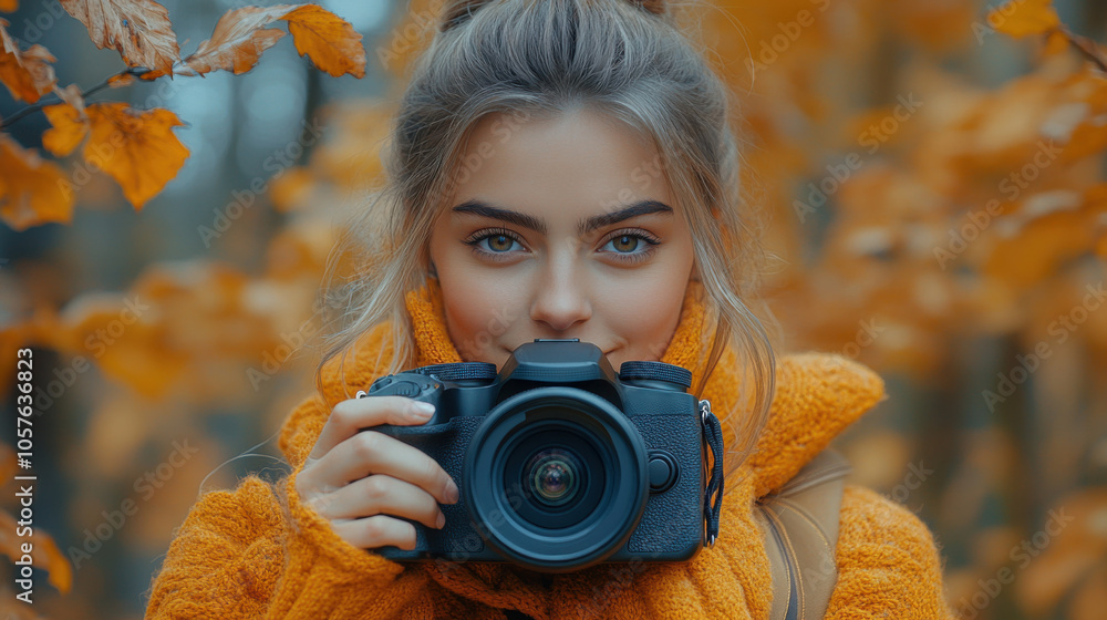 Young woman holding camera in autumn park, surrounded by vibrant orange leaves, cozy sweater, photography hobby, fall portrait, outdoor nature scene, seasonal atmosphere, artist style