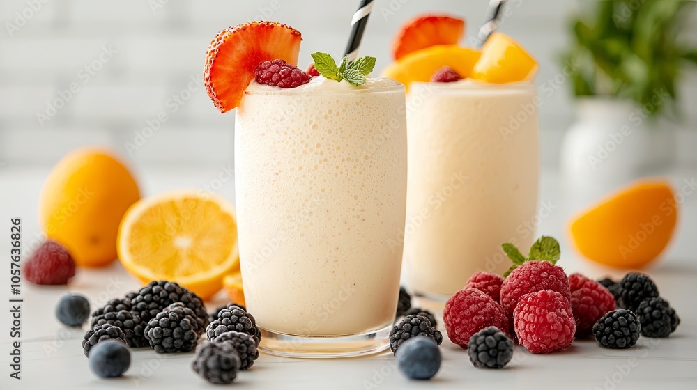 Refreshing Smoothies with Fresh Fruits on Kitchen Island Refreshing Smoothies with Fresh Fruits on Kitchen Island