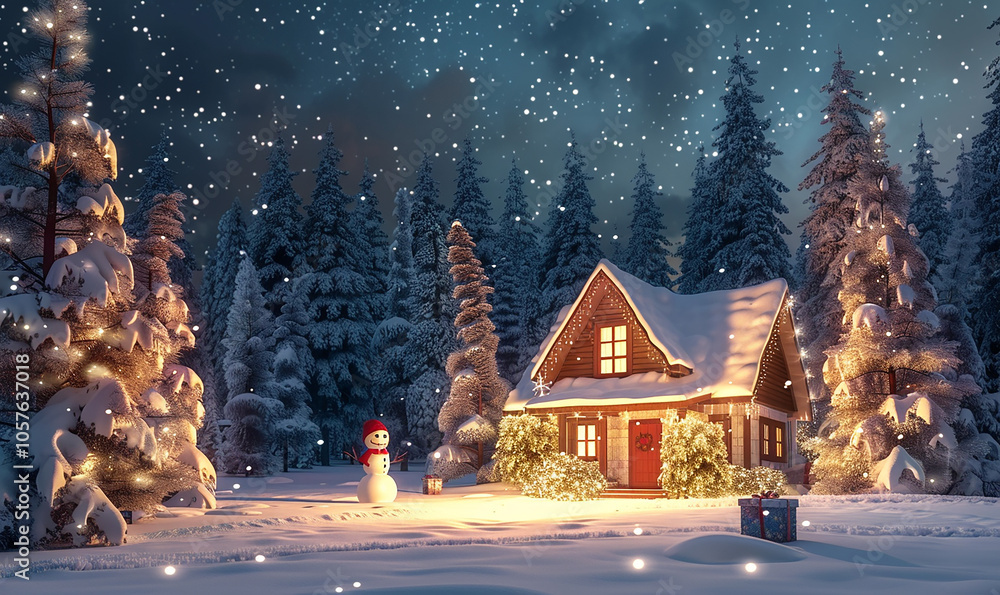 A snowman stands in front of a house with a red door and a wreath on it. The scene is set in a snowy landscape, with trees in the background. The snowman is wearing a red hat and a red scarf A snowman stands in front of a house with a red door and a wreath on it. The scene is set in a snowy landscape, with trees in the background. The snowman is wearing a red hat and a red scarf