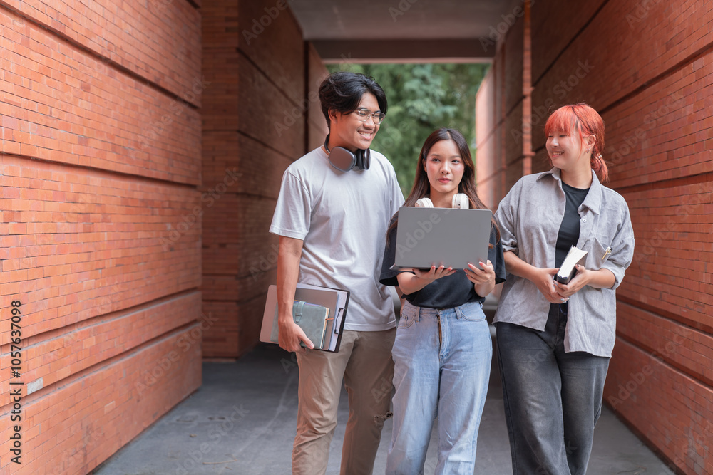 Three cheerful asian students are walking through their university campus, discussing their studies and projects while holding a laptop, books, and folders, enjoying the academic atmosphere Three cheerful asian students are walking through their university campus, discussing their studies and projects while holding a laptop, books, and folders, enjoying the academic atmosphere