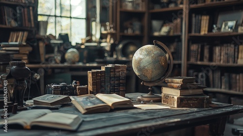 Vintage Library Desk with Globe and Antique Books