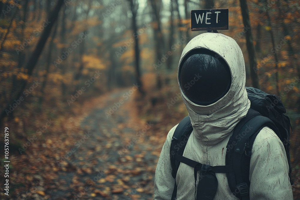 Fototapeta premium Mysterious figure in a forest with wet sign: exploring autumn adventure themes